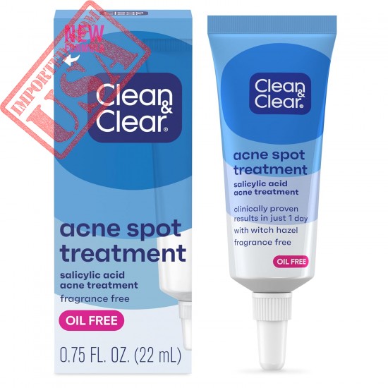 Clean & Clear Acne Spot Treatment Gel Cream with 2% Salicylic Acid, Oil-Free Topical Acne Treatment with Witch Hazel for Clinically Proven Results in 1 Day, Fragrance Free, 0.75 fl. oz