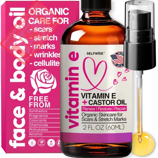 SELFWISE Organic Vitamin E Bio Oil Blend for Skin, Scars, Face & Body - Castor, Rosehip, Jojoba, Almond, Cocoa Butter - Moisturizing & Hydrating, Reduces Stretch Marks, Cellulite & Wrinkles