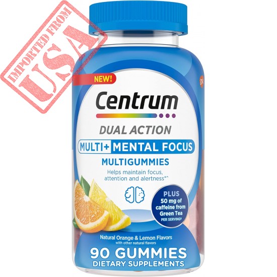 Centrum MultiGummies Multi+ Dual Action Mental Focus Adult Multivitamin with Caffeine from Green Tea, Supports Mental Focus, Attention and Alertness, Lemon/Orange Flavors - 90 Count