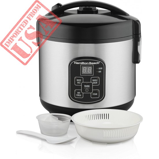 Hamilton Beach Digital Programmable Rice Cooker & Food Steamer, 8 Cups Cooked (4 Uncooked), With Steam & Rinse Basket, Stainless Steel (37518)