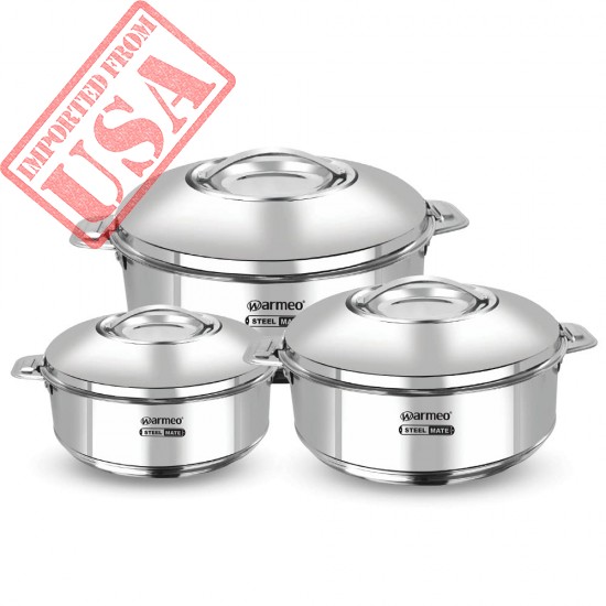 WARMEO Steam Insulated Stainless Steel Casseroles| Easy to Carry Hot Boxes for Kitchen | Hot Food, Easy to Store| Silver| Set of 3 (500,1000,1500ml)