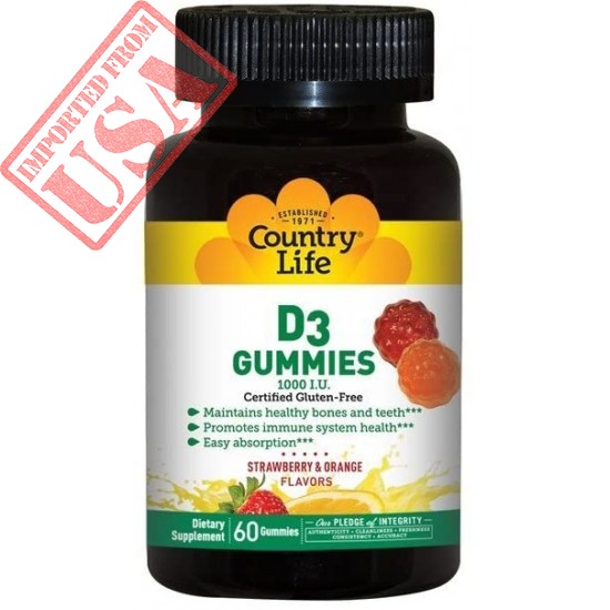 Country Life Vitamin D3 Gummy 1000 iu - 60 Gummies - Deficiency - Immune Health - Healthy Teeth and Bones - Great Taste - Great for Kids - Strawberry and Orange