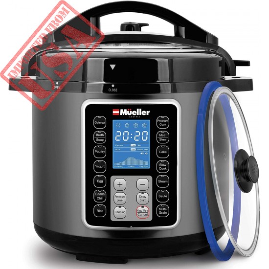 Mueller 6 Quart Pressure Cooker 10 in 1, Cook 2 Dishes at Once, Tempered Glass Lid incl, Saute,  Slow Cooker, Rice Cooker, Yogurt Maker and Much More