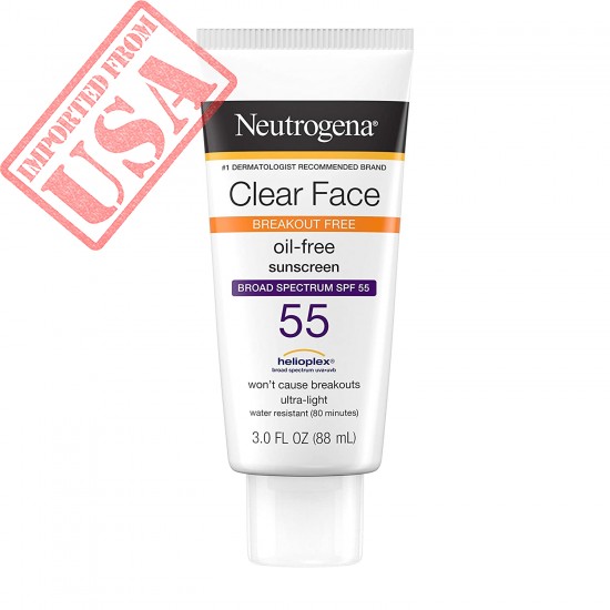 Neutrogena Clear Face Liquid Lotion Sunscreen for Acne-Prone Skin, Broad Spectrum SPF 55 with Helioplex Technology, Oil-Free, Fragrance-Free & Non-Comedogenic