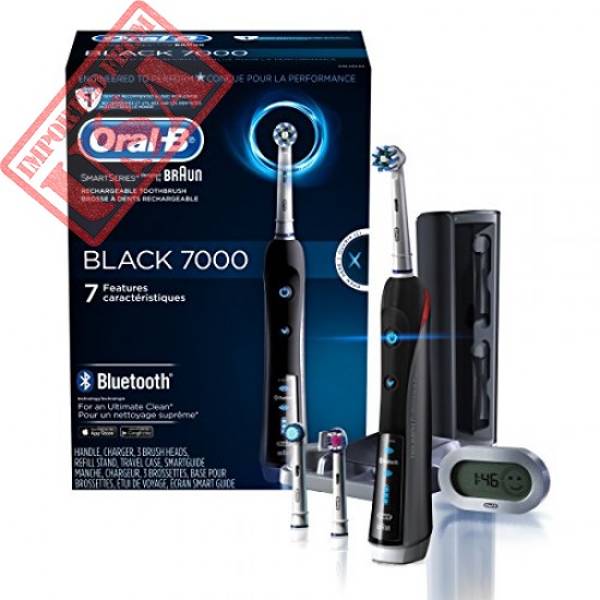 Oral-B 7000 SmartSeries Rechargeable Power Electric Toothbrush with 3 Replacement Brush Heads, Bluetooth Connectivity and Travel Case, Black, Powered