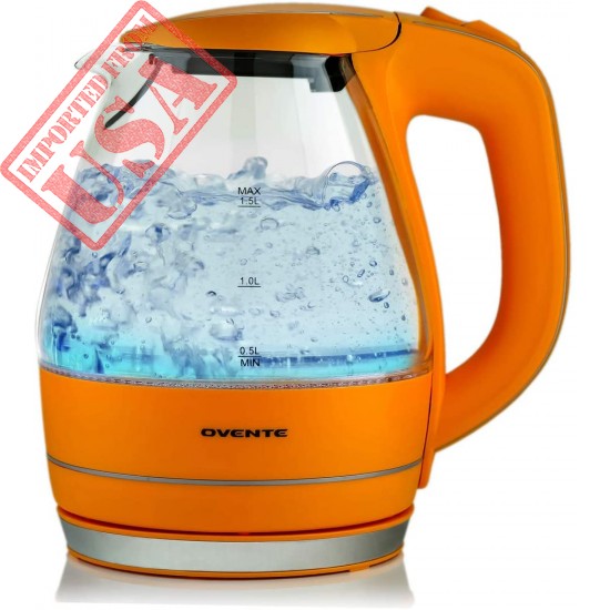 Ovente Portable Electric Glass Kettle 1.5 Liter with Blue LED Light and Stainless Steel Base, Fast Heating Countertop Tea Maker Hot Water Boiler with Auto Shut-Off & Boil Dry Protection, Orange KG83O