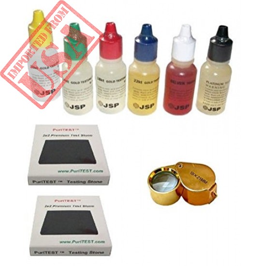 High Quliaty PuriTEST Brand GOLD SILVER TEST SET 10 14 18 22 karat SOLUTIONS +STONES (2) JEWELERS-LOOP Imported From USA