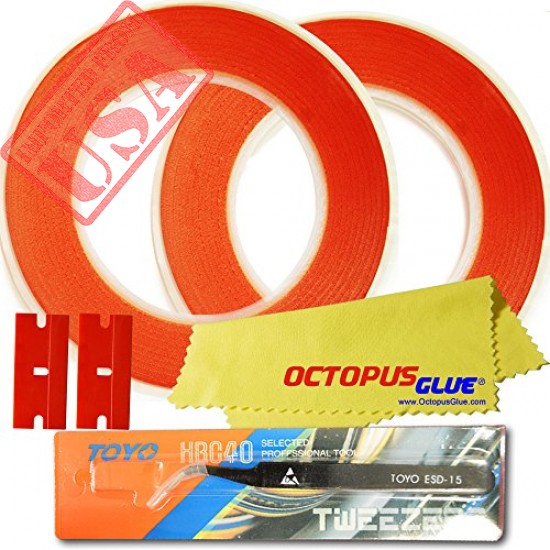 Octopus Glue 2pcs Rolls of 2mm x 30m Clear Double Sided Adhesive Tape (Type 4910 Red Backing) With ESD Anti-Static Tweezer, Microfiber Cloth & 2 Plastic Razor Blades for Phone LCD, Digitizer Repair