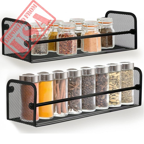 Greenco Wall Mount Single Tier Mesh Spice Rack, Black, Set 2