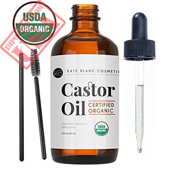 Castor Oil (2oz) USDA Certified Organic, 100% Pure, Cold Pressed, Hexane Free by Kate Blanc. Stimulate Growth for Eyelashes, Eyebrows, Hair. Lash Growth Serum. Brow Treatment. FREE Mascara Starter Kit