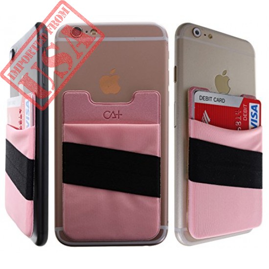 [Double Secure] Lid Credit Card Holder Stick on Wallet Discreet ID Holder Lycra Spandex Card Sleeves for Smartphones, iPhone Galaxy Cell Phone Wallet Case 3M Adhesive (Band Rose Gold)