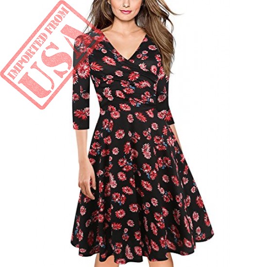 oxiuly Women's Vintage V-Neck 3/4 Sleeve Floral Casual Cocktail Party Swing Dress OX233 (S, Red Long)