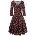 oxiuly Women's Vintage V-Neck 3/4 Sleeve Floral Casual Cocktail Party Swing Dress OX233 (S, Red Long)