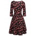 oxiuly Women's Vintage V-Neck 3/4 Sleeve Floral Casual Cocktail Party Swing Dress OX233 (S, Red Long)