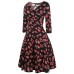 oxiuly Women's Vintage V-Neck 3/4 Sleeve Floral Casual Cocktail Party Swing Dress OX233 (S, Red Long)