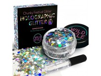 Cosmetic Glitter For Face, Body and Hair - Chunky Silver Holographic Glitter Mix - Versatile Festival Accessories, Rave Glitter and Beauty Makeup - Includes Long Lasting Fix Gel So You Can Shimmer Str