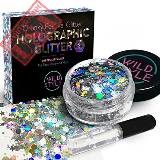 Cosmetic Glitter For Face, Body and Hair - Chunky Silver Holographic Glitter Mix - Versatile Festival Accessories, Rave Glitter and Beauty Makeup - Includes Long Lasting Fix Gel So You Can Shimmer Str