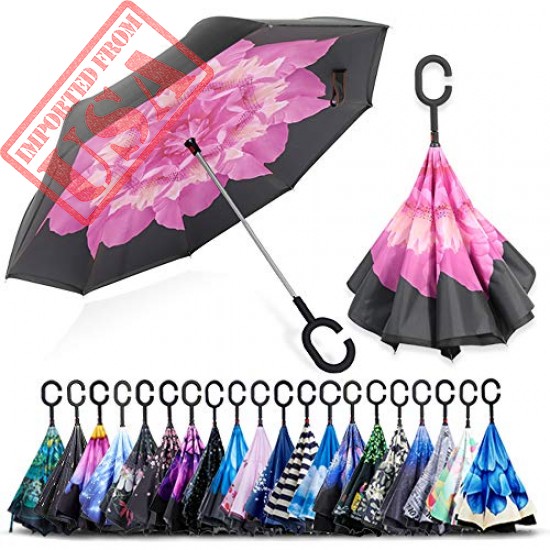 ZOMAKE Double Layer Inverted Umbrella, Windproof Reverse Folding Umbrella with C shape Handle, Self Standing, Inside Out, Hand Free with Carrying Bag (Hibiscus)