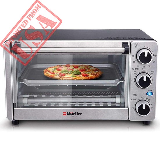 Toaster Oven 4 Slice, Multi-function Stainless Steel Finish with Timer - Toast - Bake - Broil Settings, Natural Convection - 1100 Watts of Power, Includes Baking Pan and Rack by Mueller Austria