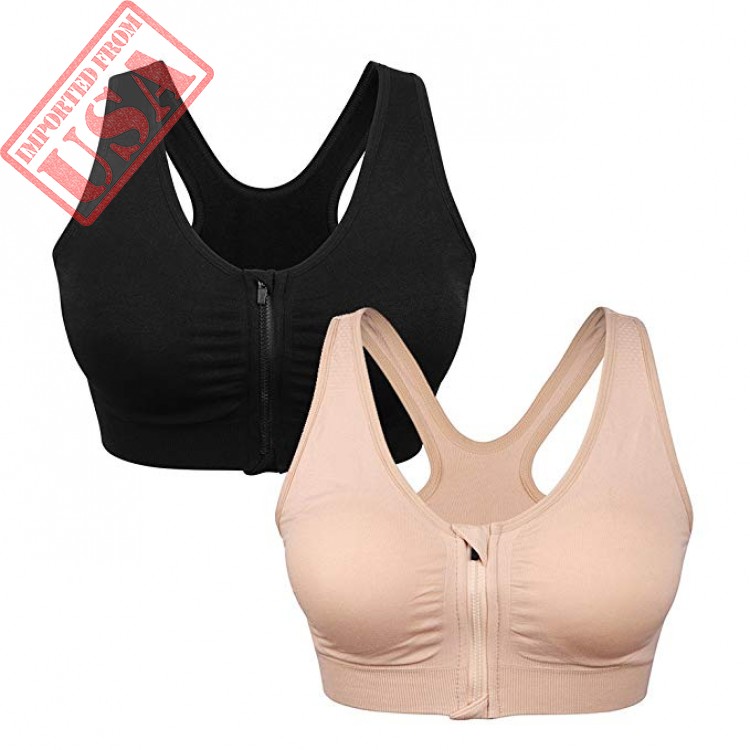 Women's Zip Front Sports Bra Wireless Post-Surgery Bra Active Yoga Sports  Bras, 2 Pack(black+flesh), Small