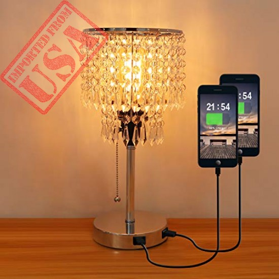 Beautiful Silver Crystal Bedside Table Desk Lamp with Dual USB Charging Port Shop Online in Pakistan