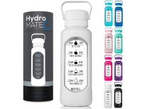 HydroMATE 32 oz Glass Water Bottle with Time Marker in Plastic Sleeve Motivational Quotes and Times to Drink Track Daily Intake for Gym Fitness Sports Hydro MATE Leak Proof Reusable BPA Free 1 Liter