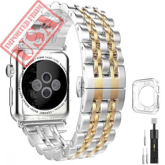 Stainless Steel Metal Bands Compatible with Apple Watch Band 42mm 44mm, Gold Replacement Strap with Adapter+Case Cover Compatible with iWatch Series 6 5 4 3 2 1 SE Sport