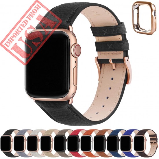 Fullmosa Compatible Apple Watch Band 40mm 38mm 44mm 42mm Leather Compatible iWatch Band/Strap Compatible Apple Watch SE & Series 6 5 4 3 2 1 with TPU Watch Case, 38mm 40mm, Black + Rose Gold Buckle