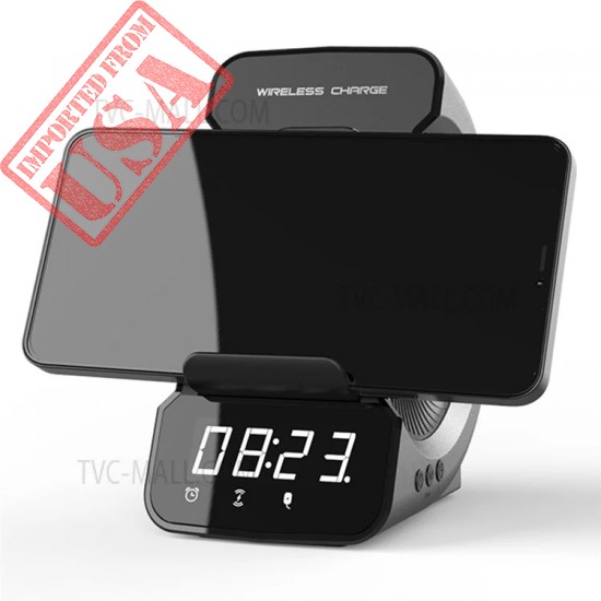 Mobile Phone Holder 10W Wireless Charger Rechargeable FM Radio Bluetooth Speaker with Digital Alarm Clock 